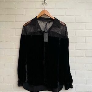 Daniela Corte Gorgeous Black Velvet Blouse with Lace Yoke